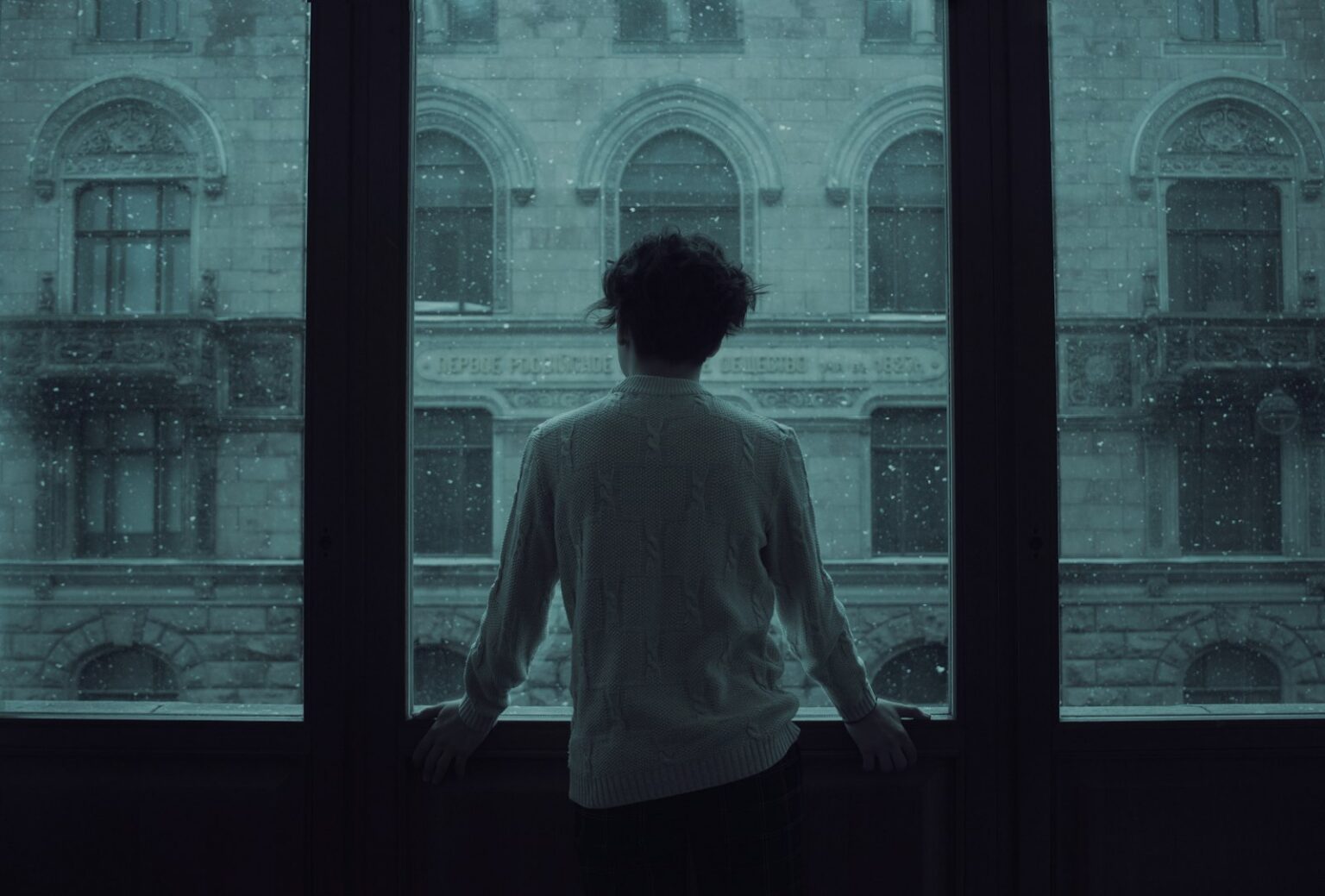 Person looking out of a window on a quiet day