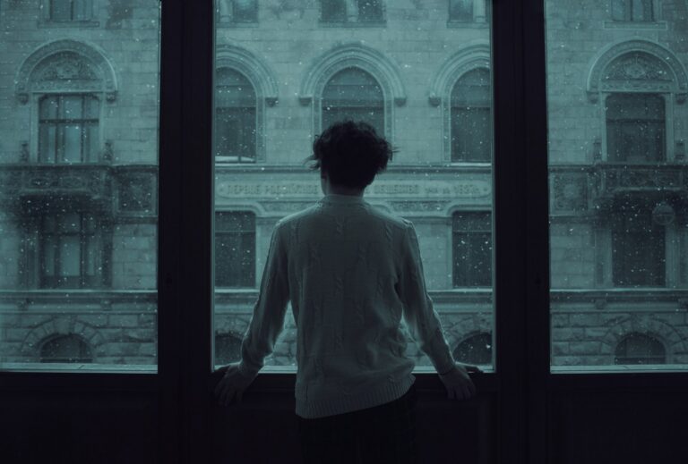 Person looking out of a window on a quiet day